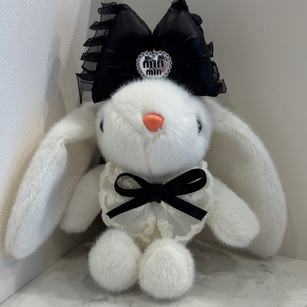 Miu Miu Inspired White Plush Bunny Bag Charm  with Black Bow NWT